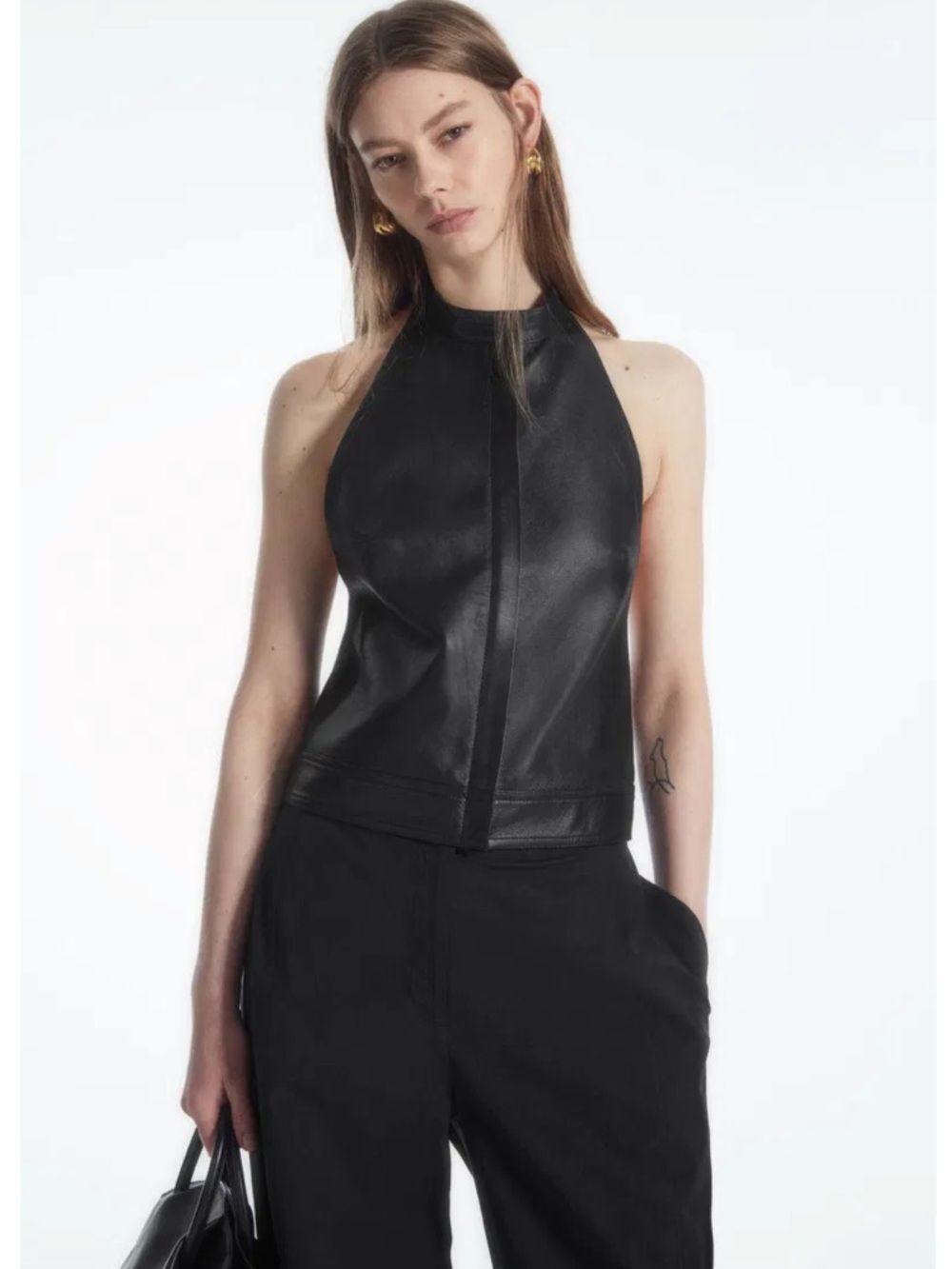 COS Genuine Black Leather Moto Minimalist Halter Neck Racer Back Top Size M / L